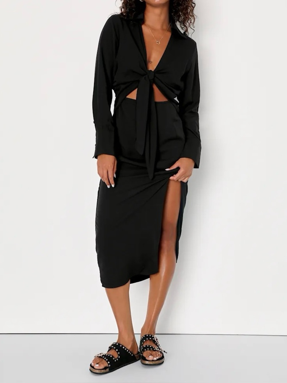 Lulu's Women’s Black Tie-Front Midi Dress with Side Slit, Sz L. NWT